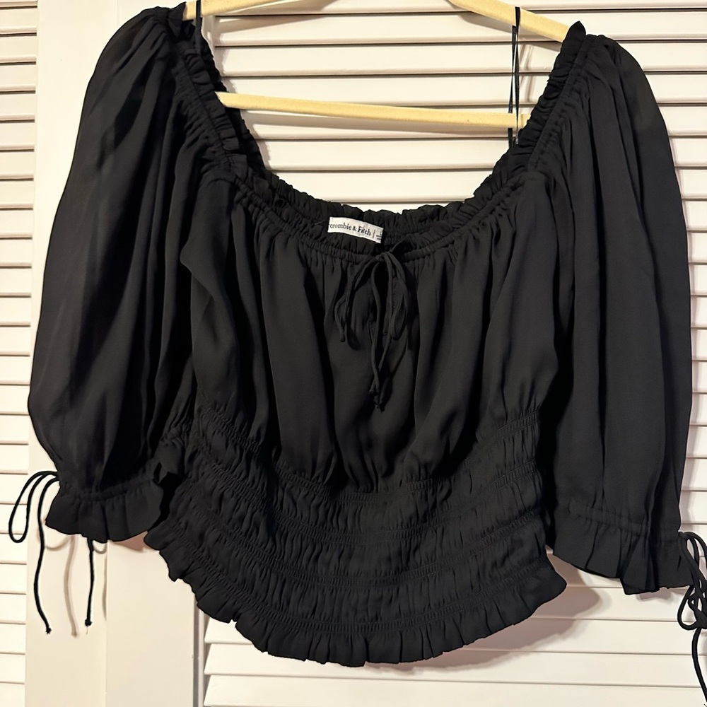 Abercrombie & Fitch Black Puff Sleeve Blouse with Smocked Tie Front